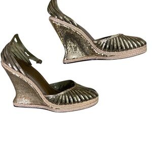 I VTG JOEY O Gold Sequin and Green Women’s Strappy Wedges-Heels-10 M-AMAZING!